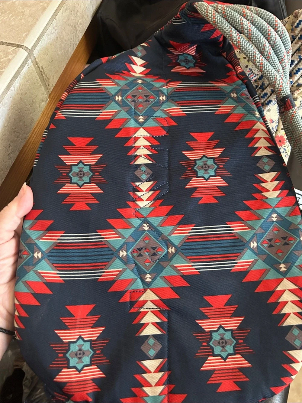Kavu Navy Sling Backpack with Red & Teal Aztec Print VGUC